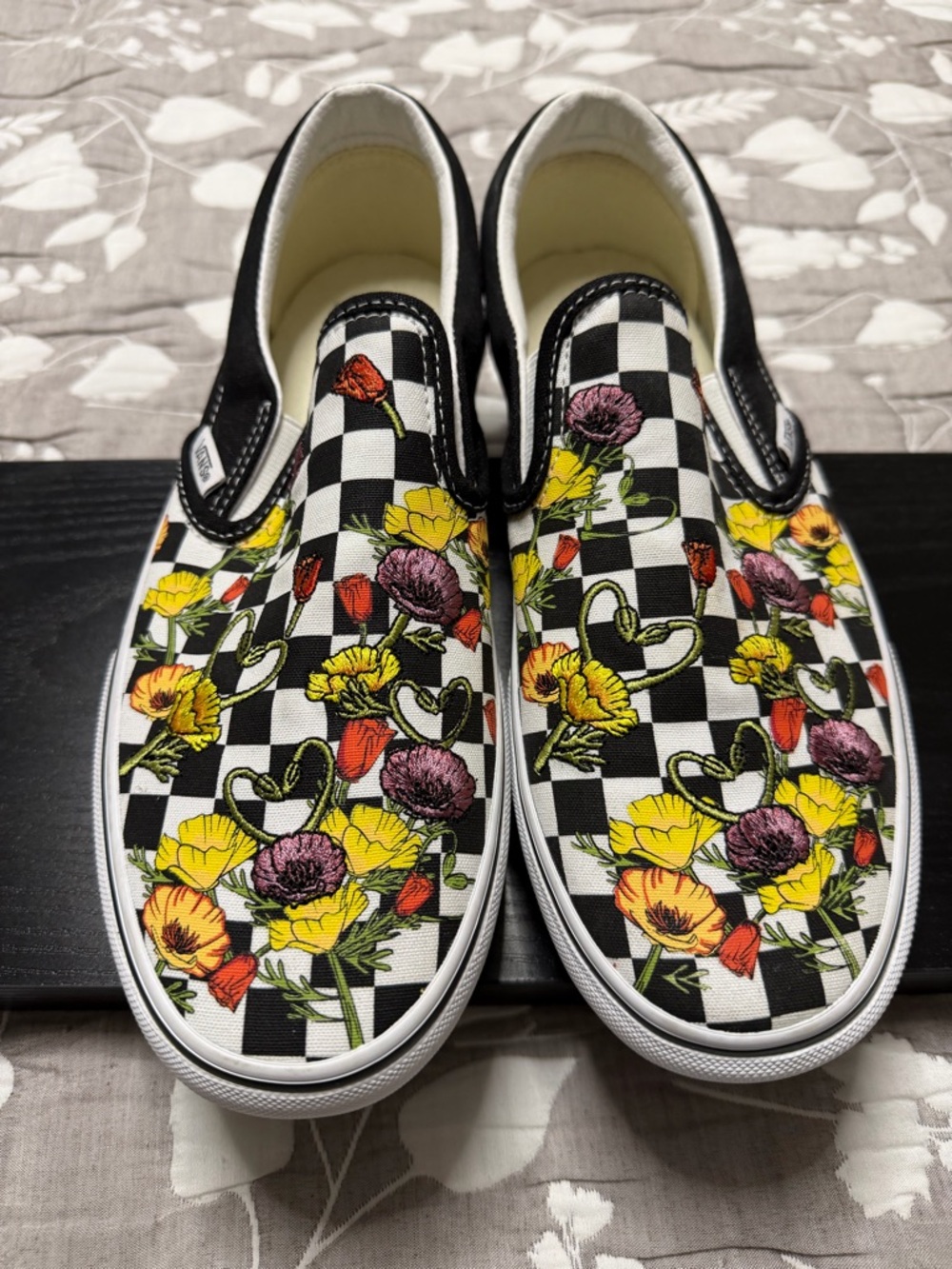 NEW. Vans Slip-On Sneakers with Checkerboard Floral Print - Black/White/Yellow - Picture 2 of 6